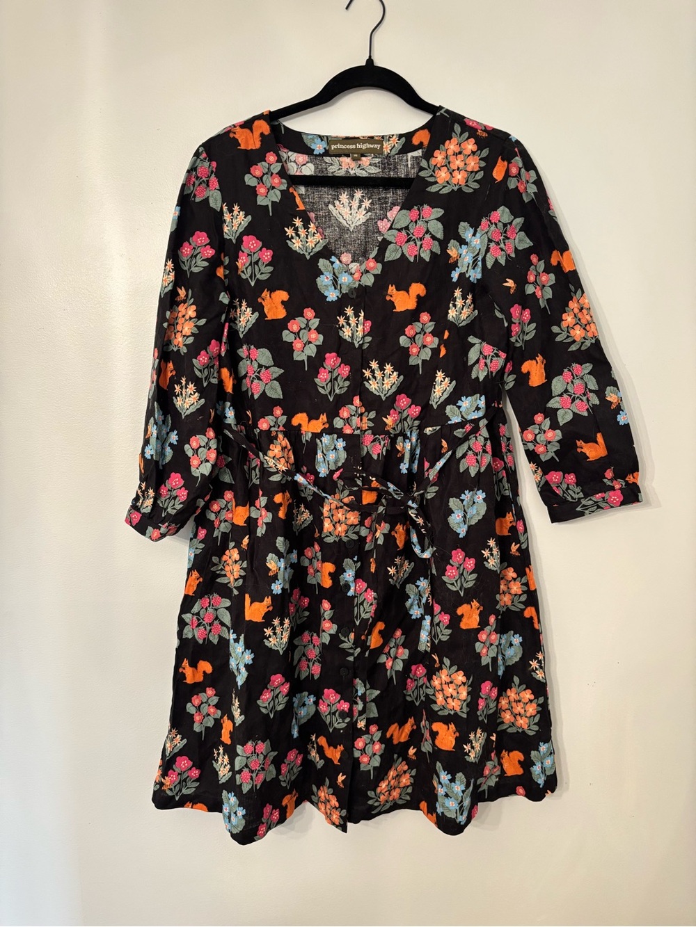 Princess Highway Black Midi Dress with Orange, Pink & Blue Floral Print